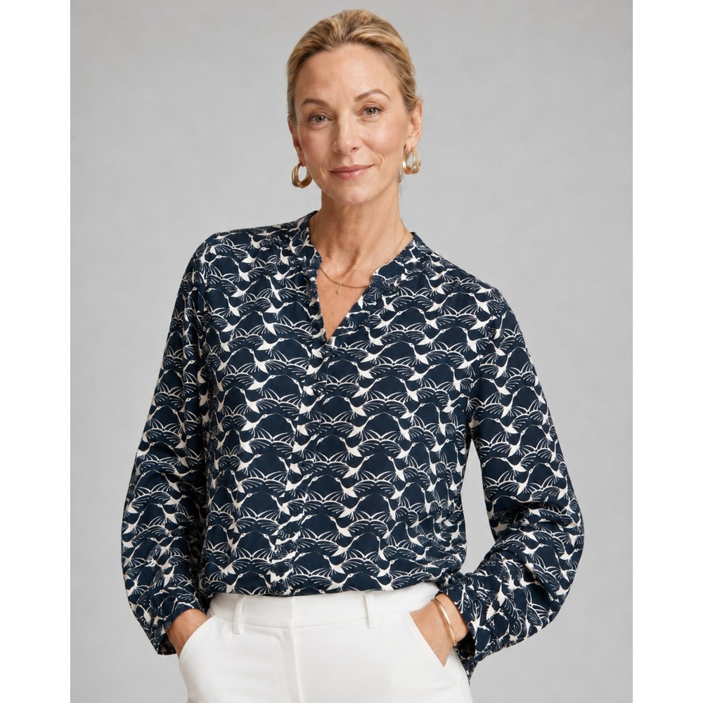 Chico's Crane Bird Print Button Front Tunic Top Size 2 (12 - 14)